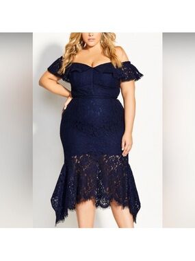 City Chic One-Shoulder Black Lace Midi Dress